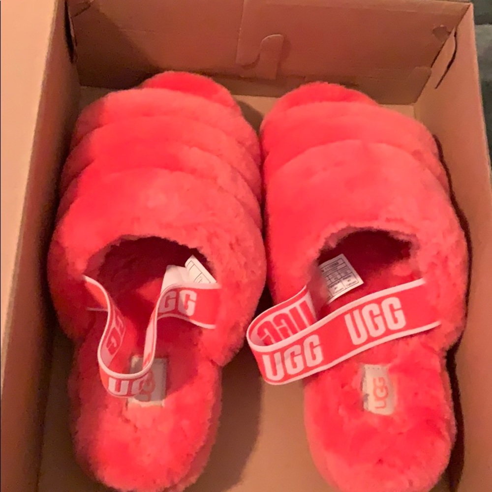 NEON CORAL FLUFF YEAH SLIDE UGG slippers